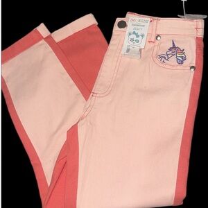 NWT SIZE 7 Pink and orange Kids Jeans with Unicorn Embroidery